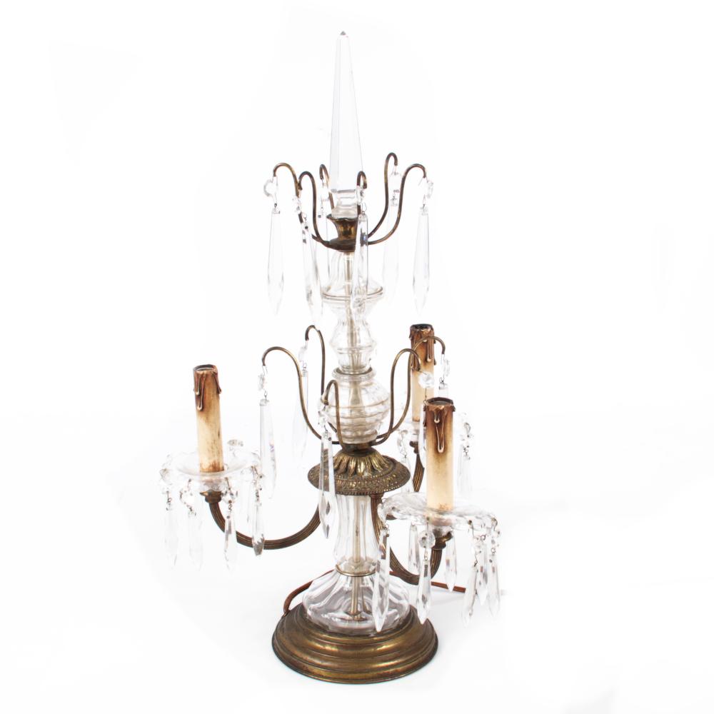 Appraisal: THREE TIERED CANDELABRA TABLE LAMP WITH CRYSTAL PRISMS AND OBELISK