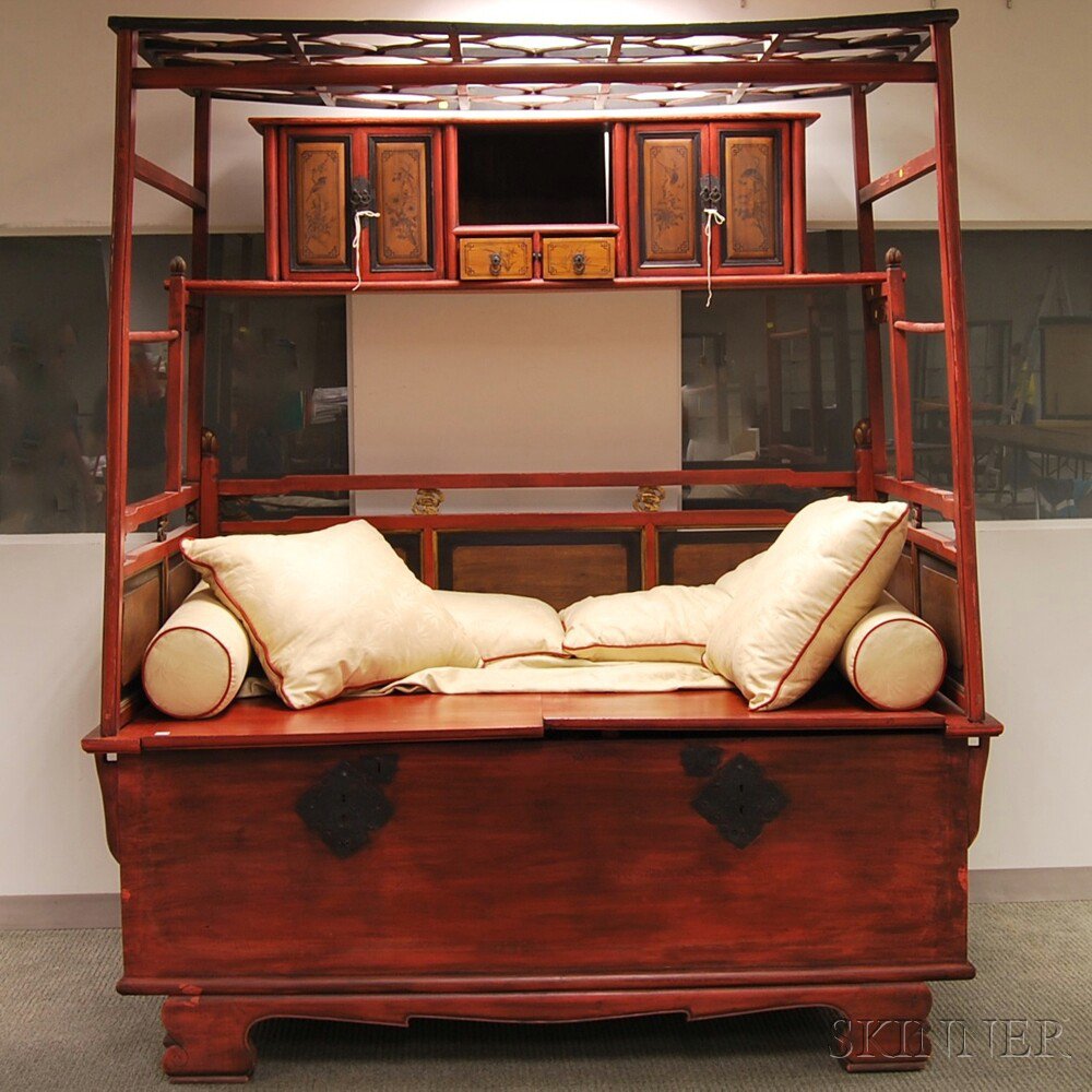 Appraisal: Red-painted Chinese Opium Bed th century approx ht wd in