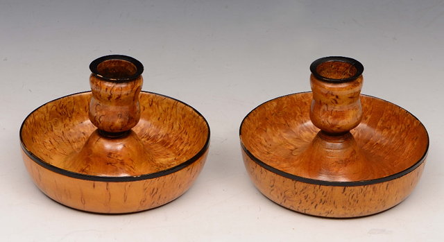 Appraisal: A PAIR OF TREEN KARELIAN BIRCH TRAVELLING CANDLESTICKS with removable