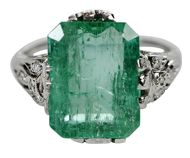 Appraisal: Platinum Emerald and Diamond Ring filigree design one emerald cut