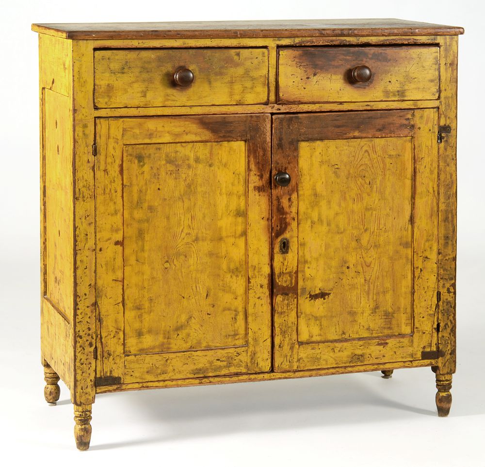 Appraisal: ANTIQUE AMERICAN KITCHEN CABINET In pine with mustard-yellow paint Two