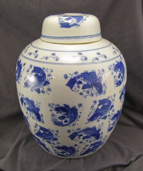 Appraisal: Oriental Porcelain Ginger Jar Blue and white porcelain decorated covered