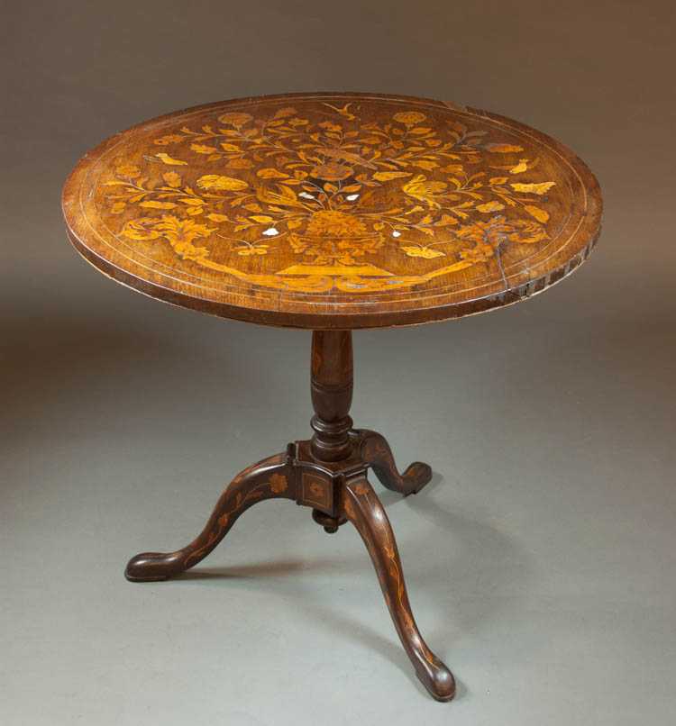 Appraisal: DUTCH MARQUETRY TILT-TOP TABLE Netherlands th century having round pictorial