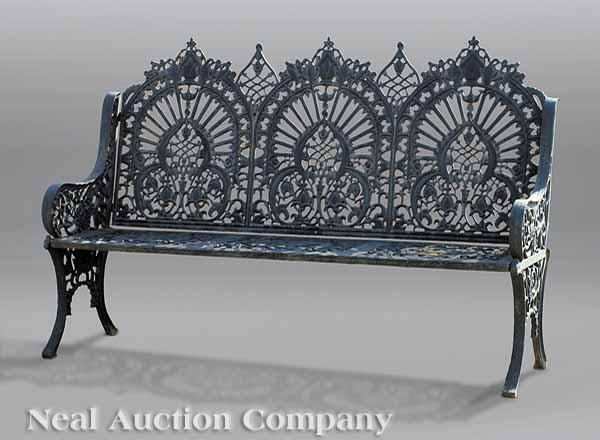 Appraisal: A Large Cast Iron Garden Bench tripartite Gothic arch back