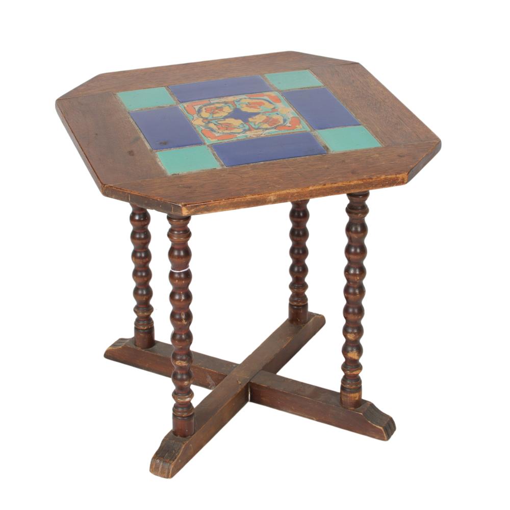 Appraisal: CALIFORNIA MISSION STYLE OAK SIDE TABLE WITH INSET POLYCHROME TILE