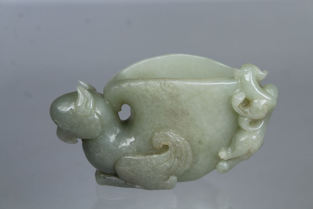 Appraisal: Chinese Carved Jade Figural Libation Cup Chinese Carved Jade Figural