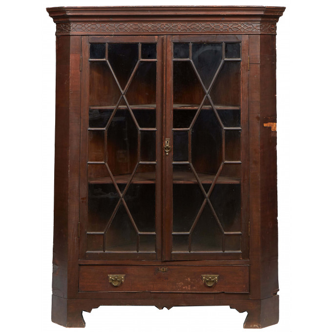 Appraisal: English Carved Mahogany Corner Cabinet c the stepped ogee crown