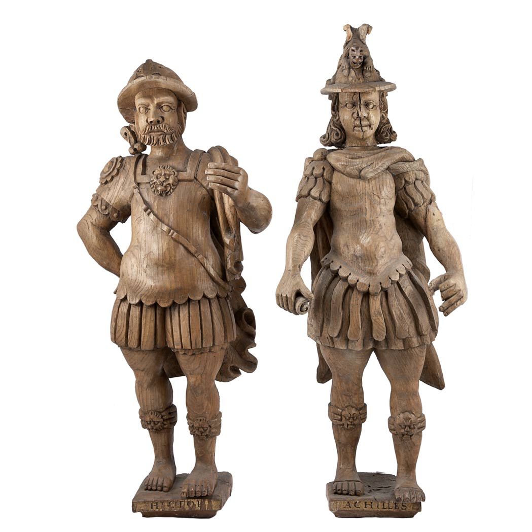 Appraisal: Pair of Continental Baroque Style Carved Elm Figures Of hector