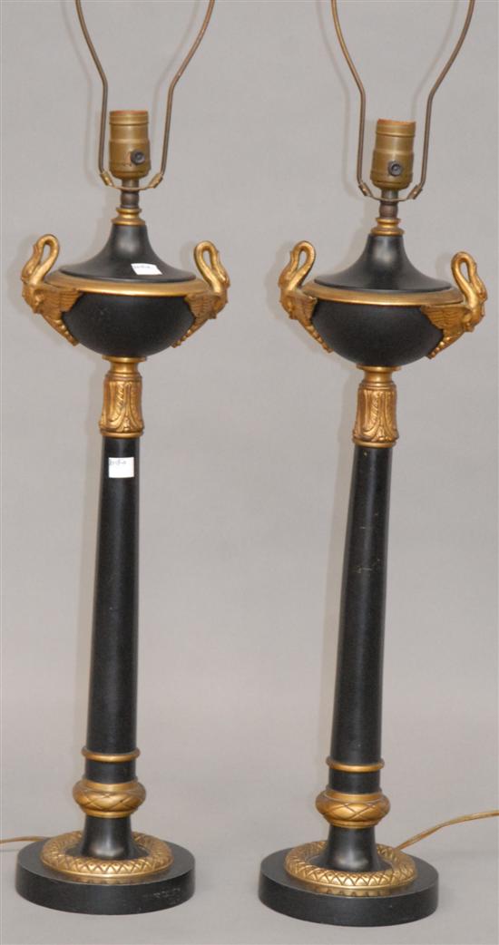 Appraisal: PAIR EMPIRE STYLE BRONZE LAMPS Each having swan figural decorations