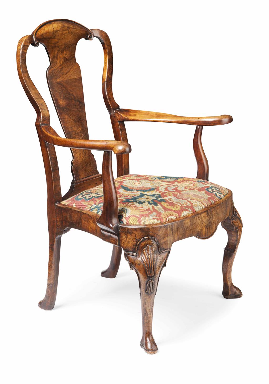 Appraisal: GEORGE I WALNUT ARMCHAIR EARLY TH CENTURY the vase shaped