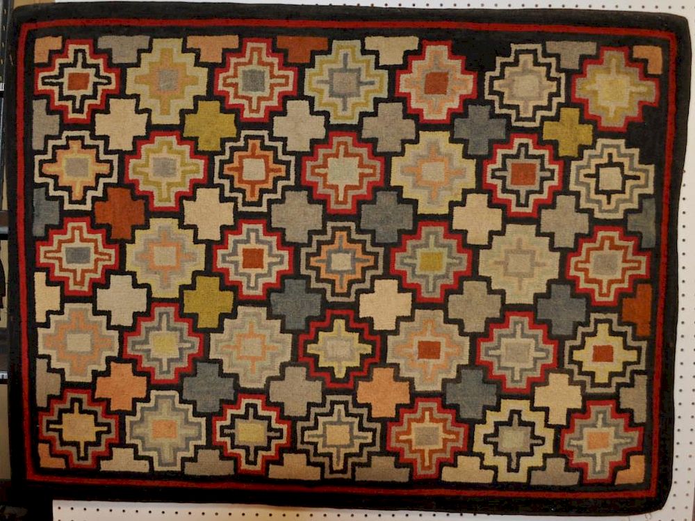 Appraisal: American Folk Art Geometric Hooked Rug with multi-colored and patterned