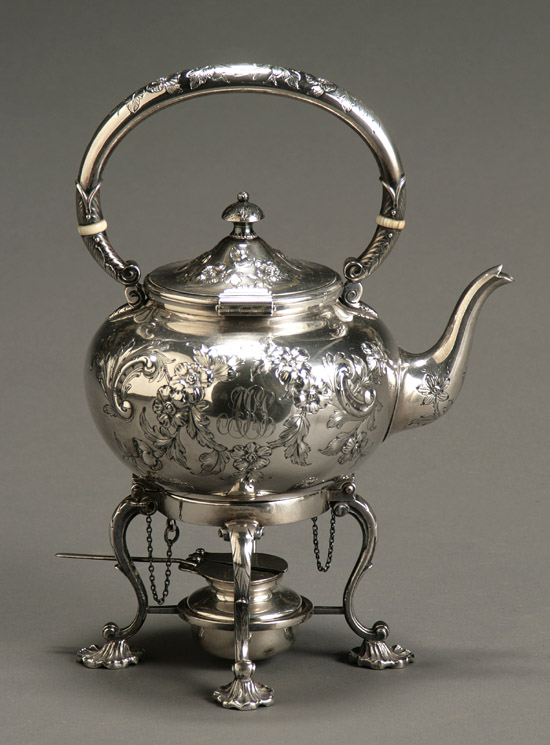 Appraisal: Jacobi Jenkins Repouss Sterling Teapot-on-Stand Baltimore - Having a compressed