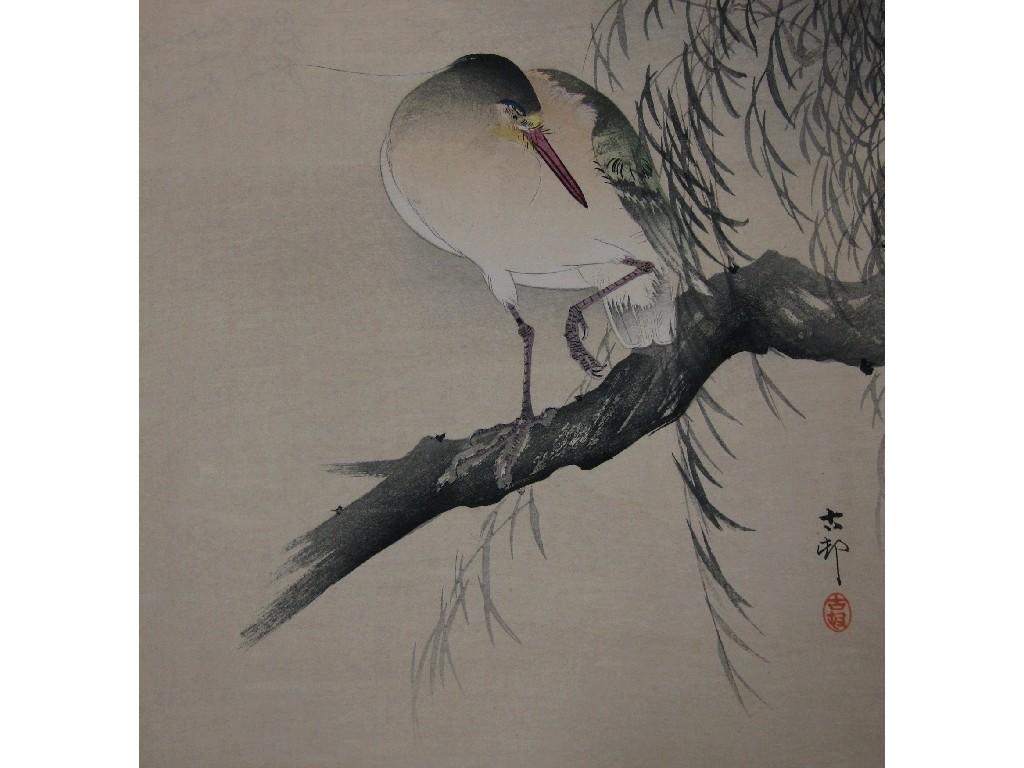 Appraisal: JAPANESE SCHOOL A Heron on a Branch colour woodblock print