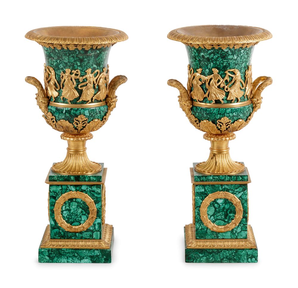 Appraisal: A Pair of Empire Style Gilt Bronze Mounted Malachite Veneered