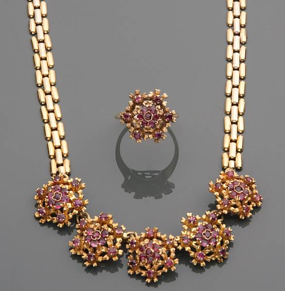 Appraisal: A ruby and k gold necklace with matching ring with