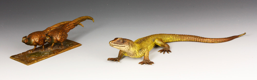 Appraisal: - Vienna Lizard and Pair of Pheasants Vienna lizard bronze