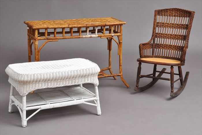 Appraisal: BAMBOO CONSOLE TABLE AND A WHITE-PAINTED RATTAN LOW TABLE Together