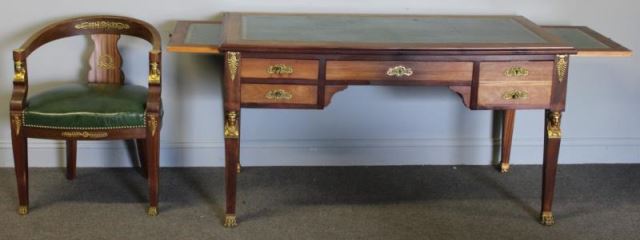 Appraisal: Continental Bronze Mounted Leather Top Desk withOriginal Chair Upholstered in