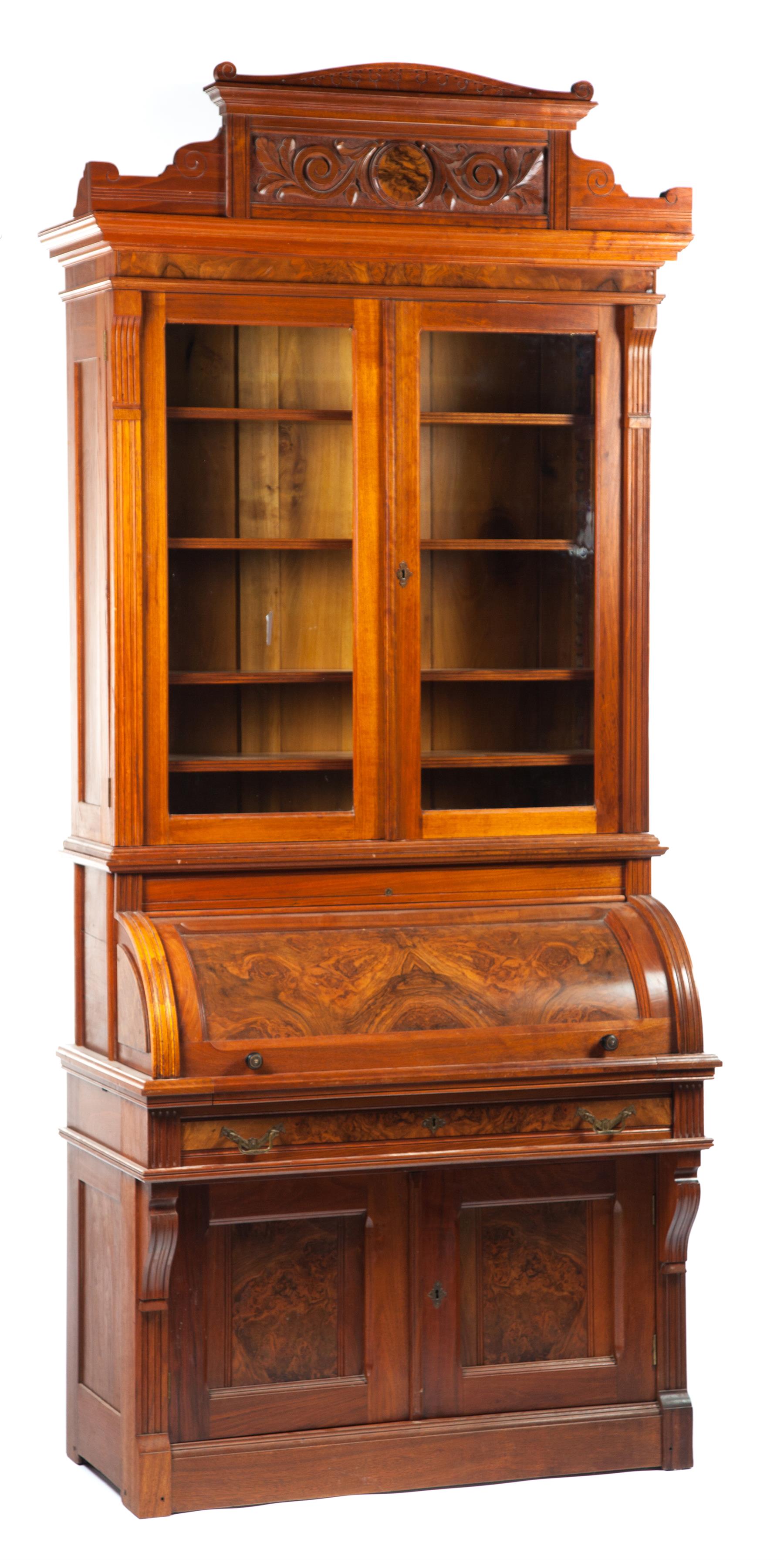 Appraisal: TWO-PIECE CYLINDER-ROLL SECRETARY BOOKCASE American th quarter- th century walnut