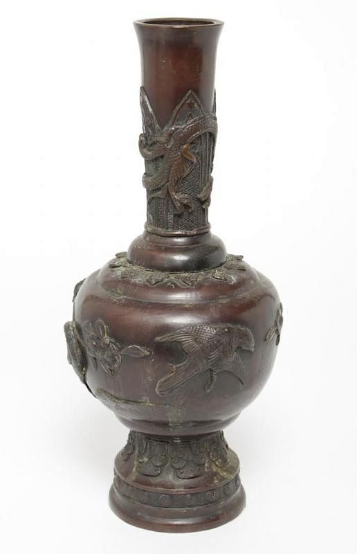 Appraisal: Japanese Bronze Vase w Dragon Bird Motifs Japanese bronze vase