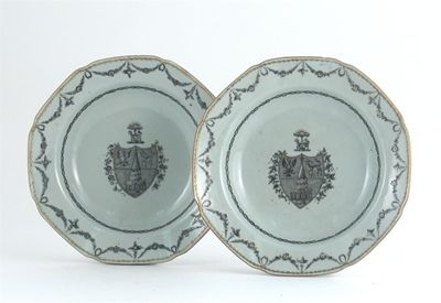 Appraisal: A pair of Chinese en grisaille small armorial pudding bowls