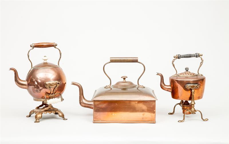 Appraisal: Two English Brass-Mounted Copper Kettles on Stands and a Square