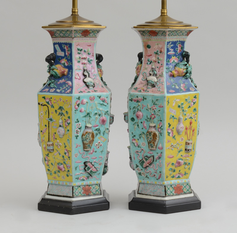 Appraisal: PAIR OF CHINESE FAMILLE ROSE PORCELAIN HEXAGONAL VASES MOUNTED AS