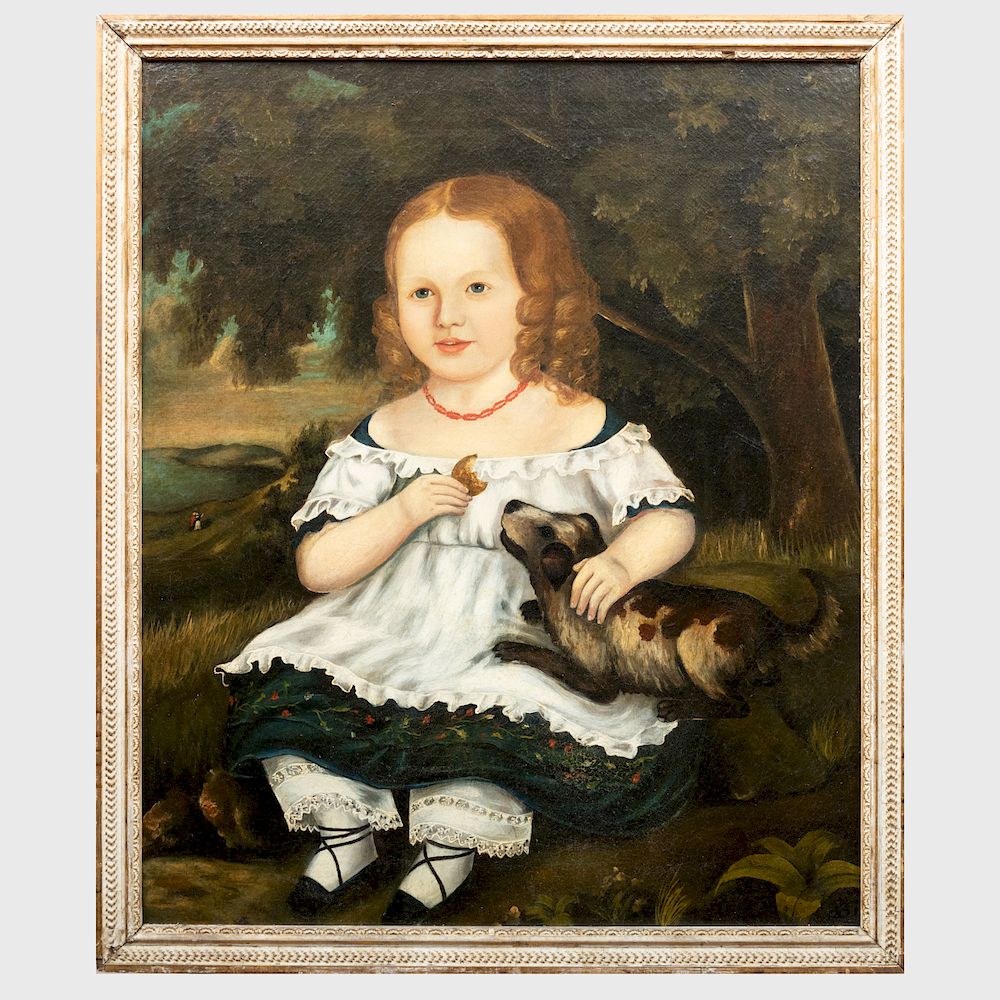 Appraisal: American School Portrait of a Girl and her Dog Oil