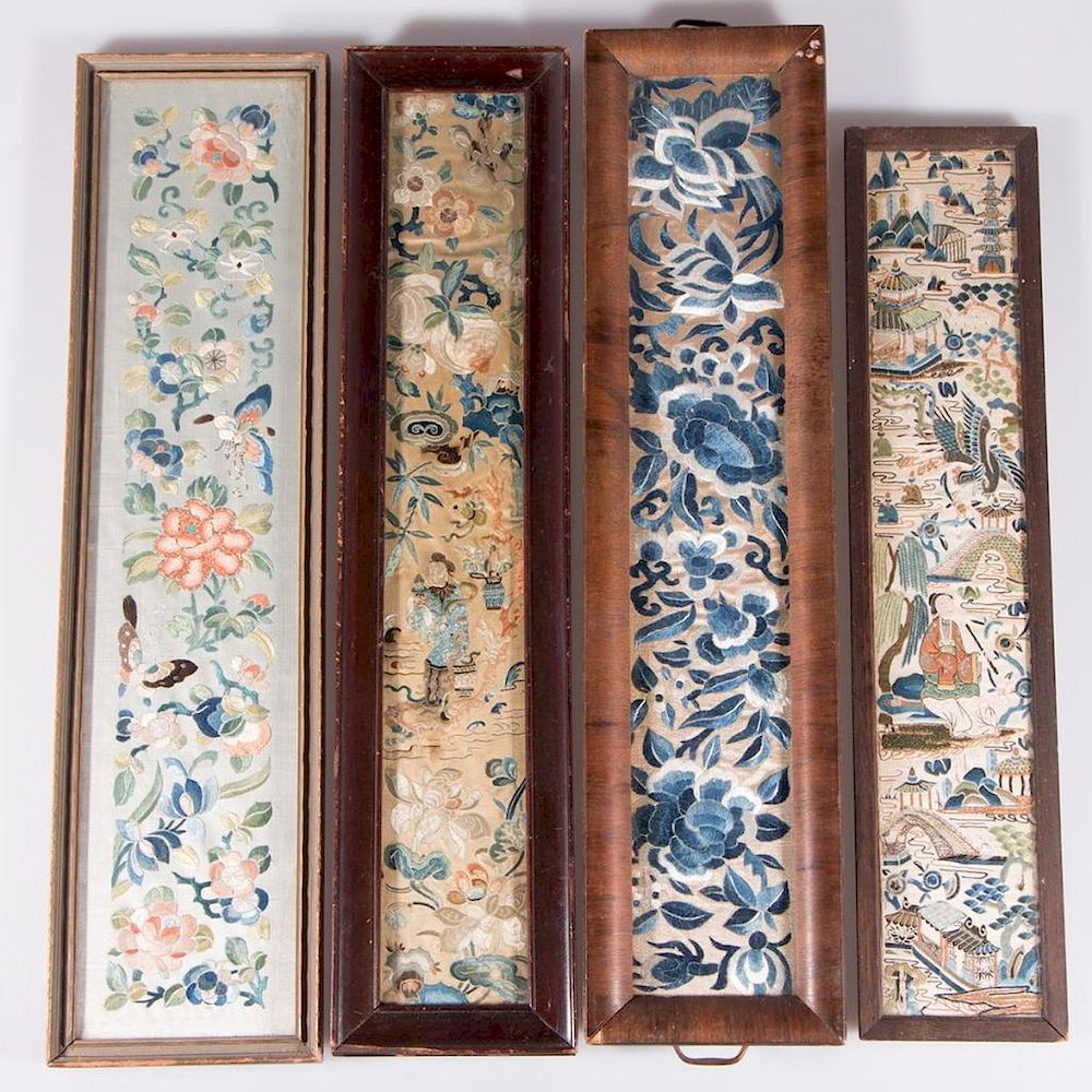 Appraisal: Four framed Chinese silk embroideries Four framed thcentury Chinese silk