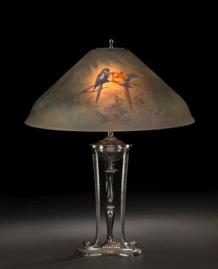 Appraisal: Stylish Pairpoint Silverplate Table Lamp with Glass Parrot-Decorated Carlisle Shade