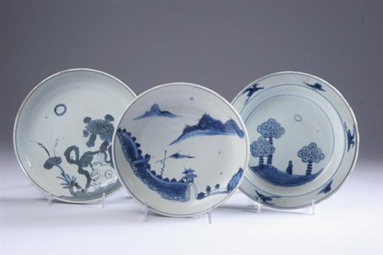 Appraisal: THREE CHINESE BLUE AND WHITE PORCELAIN PLATES th century One