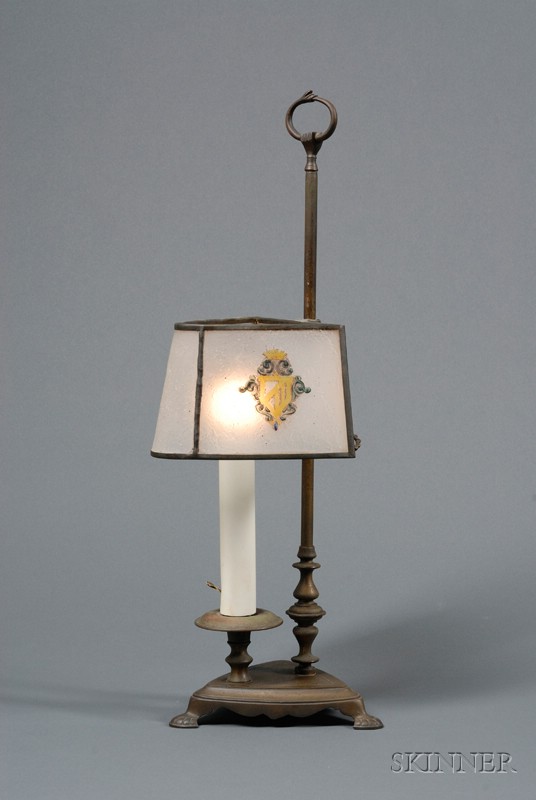 Appraisal: Cast Brass Candle Lamp with Leaded Acid-etched Stained Armorial Decorated