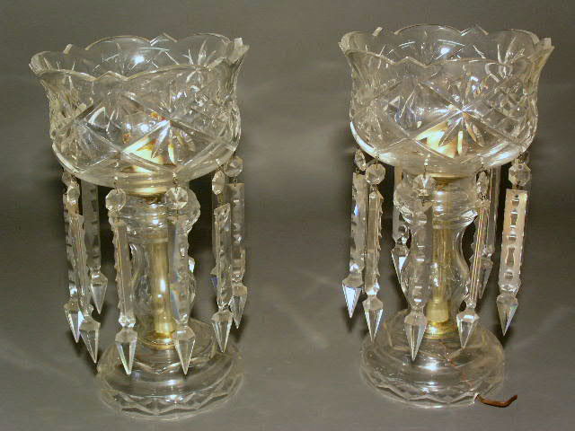 Appraisal: Pair of crystal lusters with drop prisms electrified h x