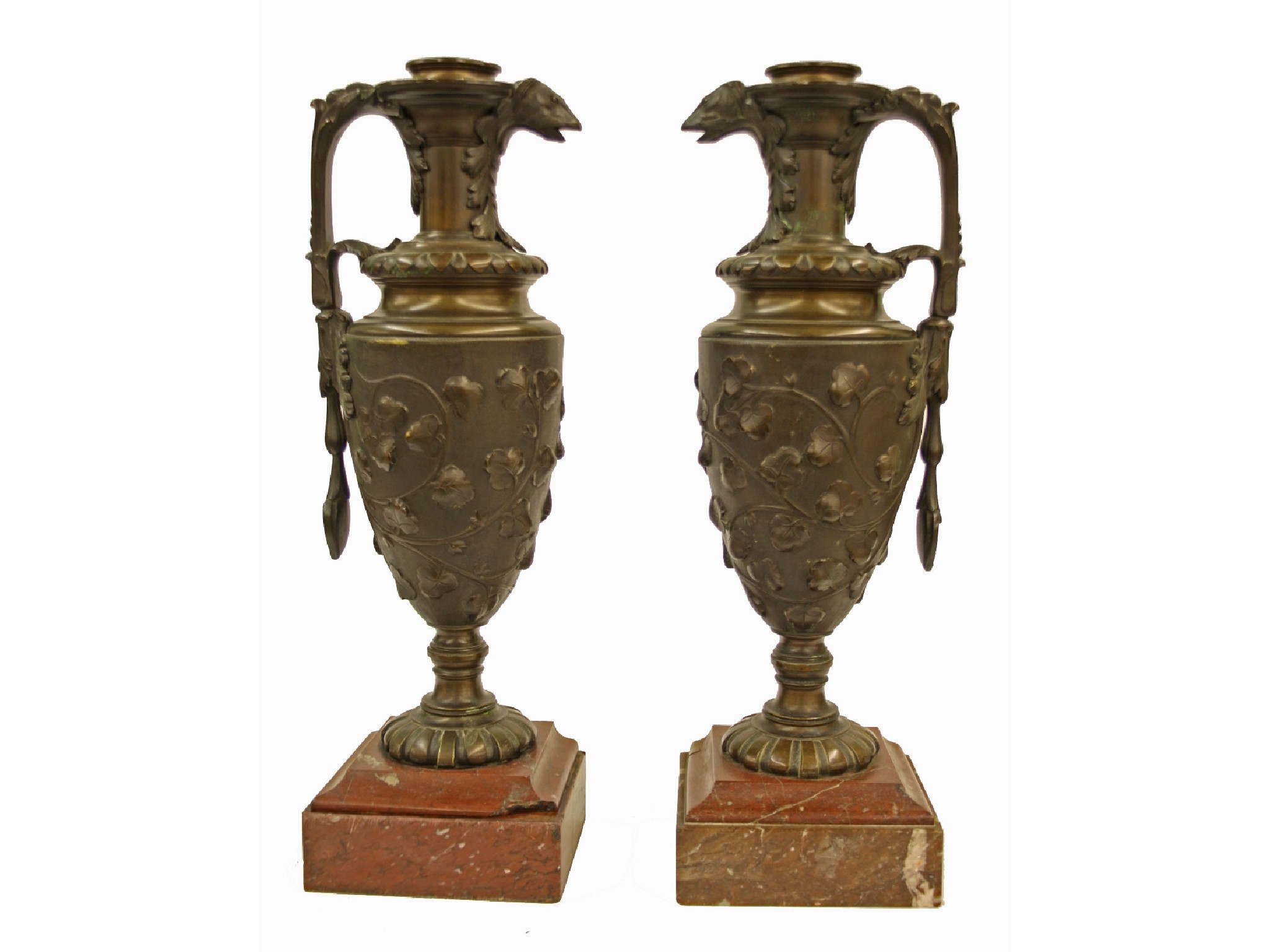 Appraisal: Pair of French decorative cast bronze ewers cast in relief