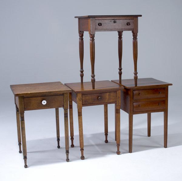 Appraisal: COUNTRY STANDS Grouping of four work tables three one drawer