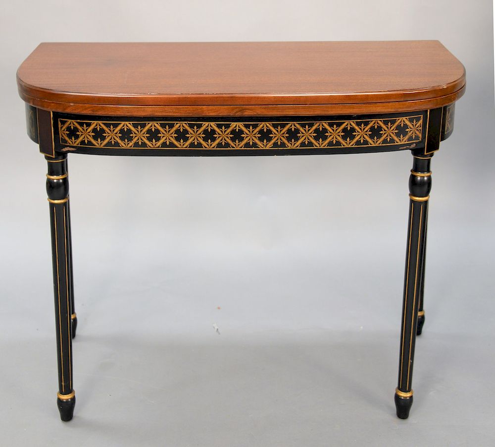 Appraisal: Mahogany D shaped game table with black and gold decoration