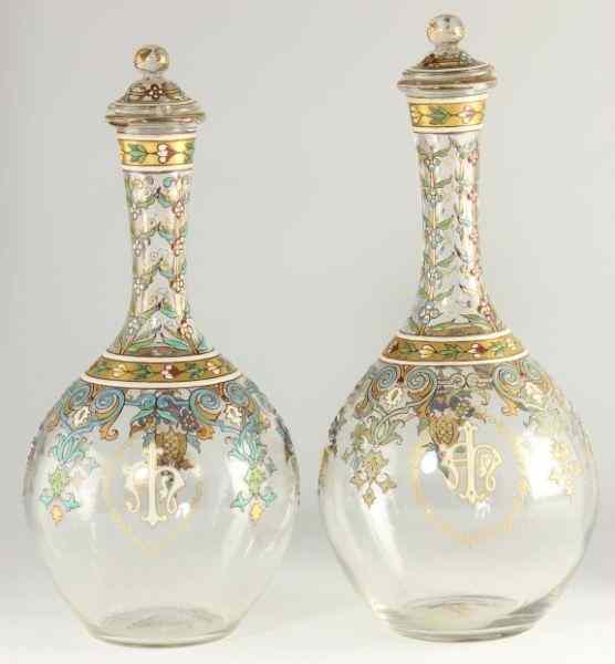 Appraisal: Pair of Venetian Glass Decantersenamel decorated with floral fruit and