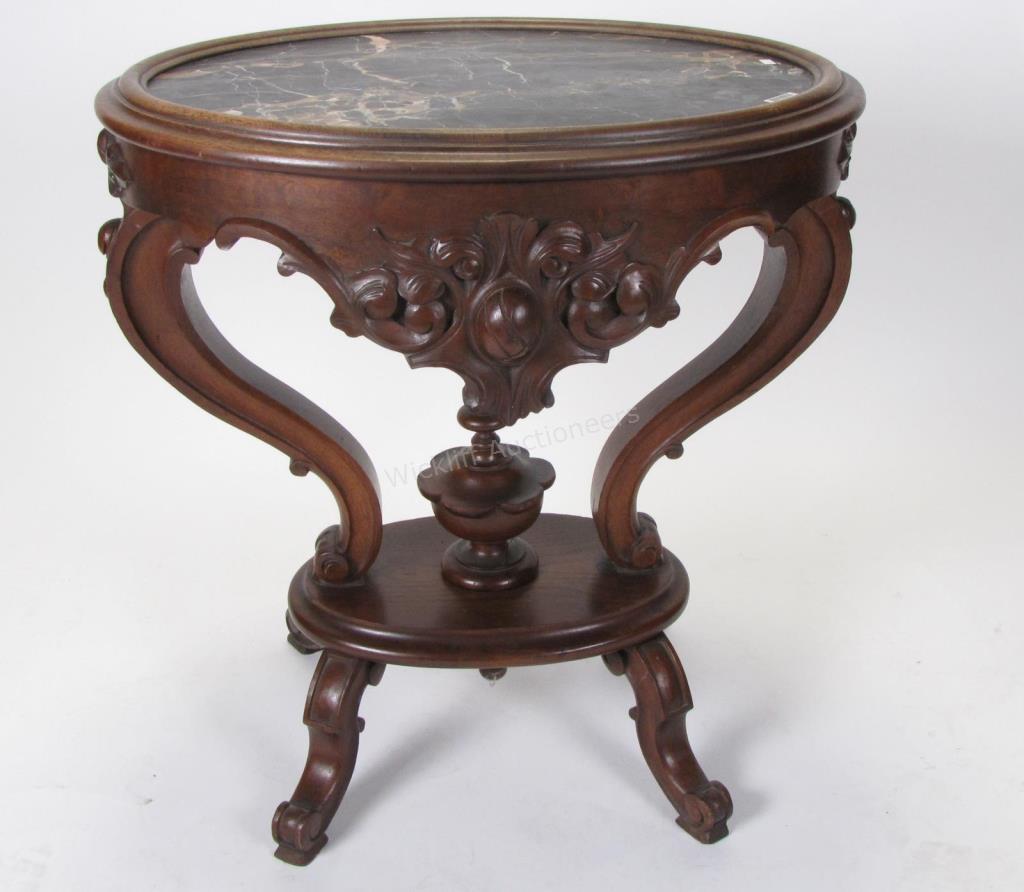 Appraisal: A round marble top side table mixed wood with floral