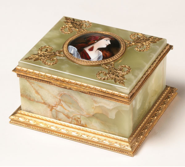 Appraisal: French alabaster box hand painted enameled cameo surrounded by gilt