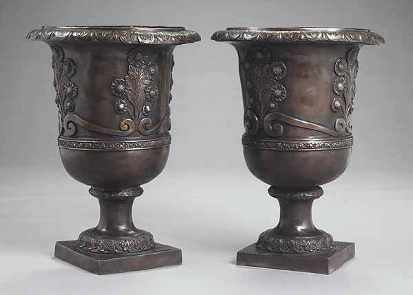 Appraisal: A Pair of Decorative Neoclassical Bronze Urns brown patina height