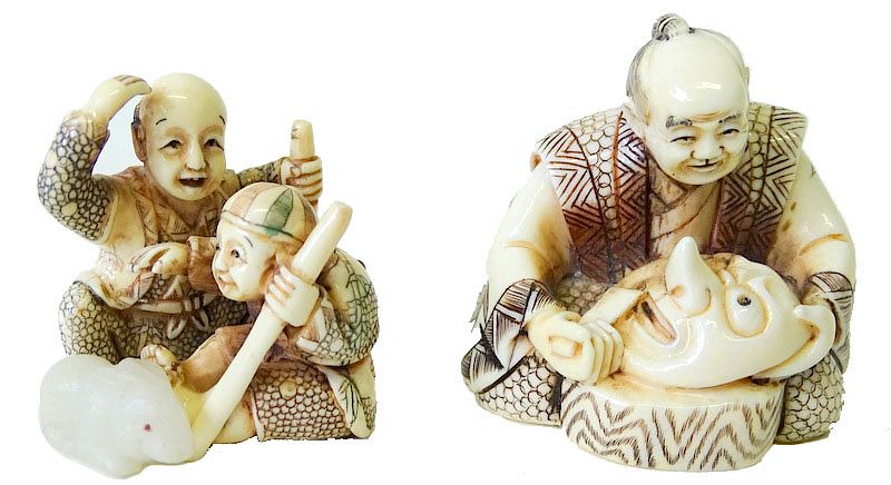 Appraisal: Two Chinese Carved Netsuke Groups Two Chinese Carved Ivory Netsuke