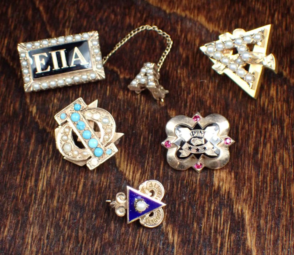 Appraisal: COLLECTION OF FIVE YELLOW GOLD FRAT SORORITY PINS k gold