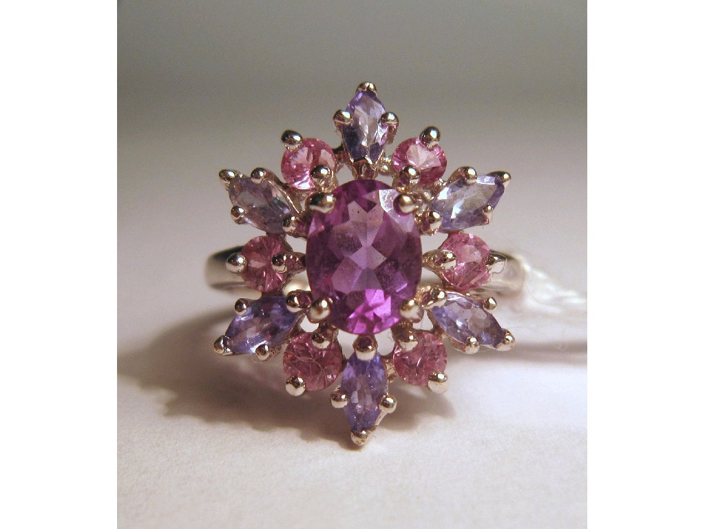 Appraisal: Nine carat white gold tanzanite amethyst and topaz cluster ring