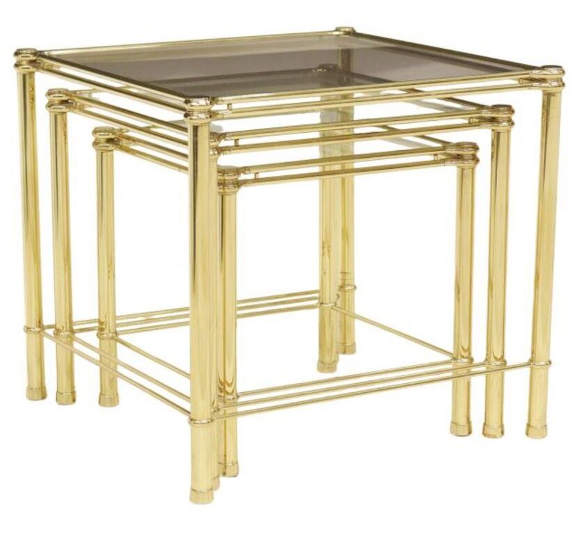 Appraisal: MODERN BRASS GLASS NESTING SIDE TABLES lot of Modern brass