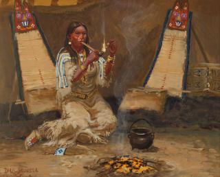 Appraisal: Dave Powell Indian smoking in an interior signed lower left