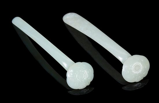 Appraisal: Sale Lot Two Celadon Jade Hairpins of ruyi-form having terminals