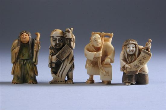 Appraisal: FOUR JAPANESE IVORY NETSUKE th century Carved to depict various