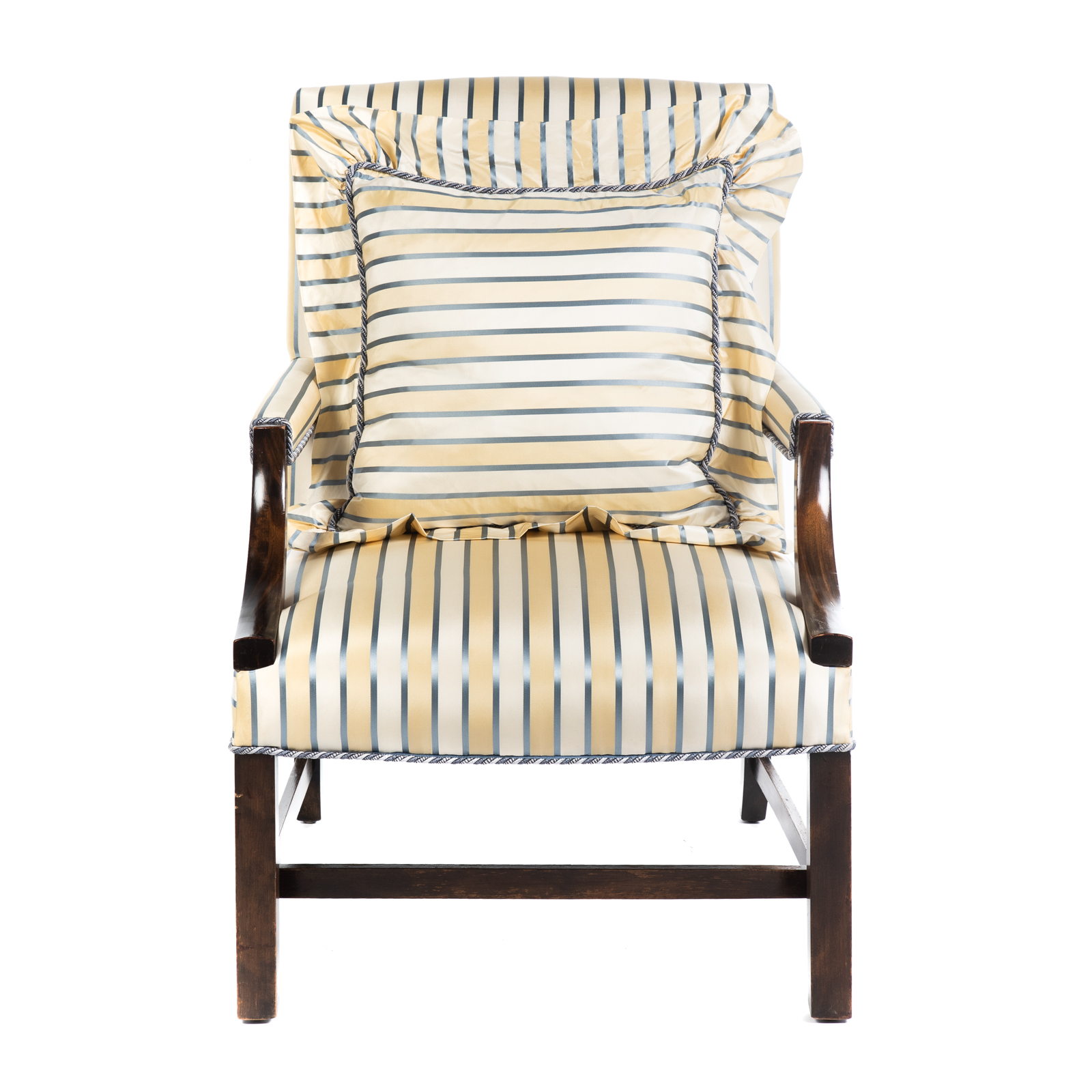 Appraisal: CHIPPENDALE STYLE MAHOGANY UPHOLSTERED ARM CHAIR Mahogany frame with striped