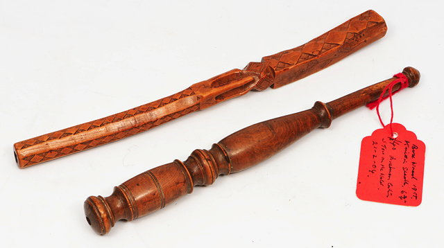 Appraisal: AN EARLY TH CENTURY POSSIBLY WELSH FRUITWOOD KNITTING SHEATH carved