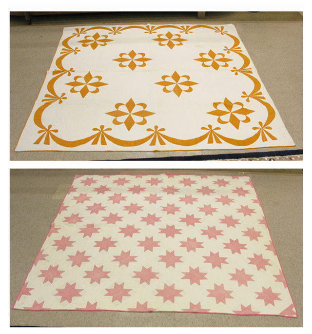 Appraisal: TWO AMERICAN PATCHWORK QUILTS one with gold appliqued modified star